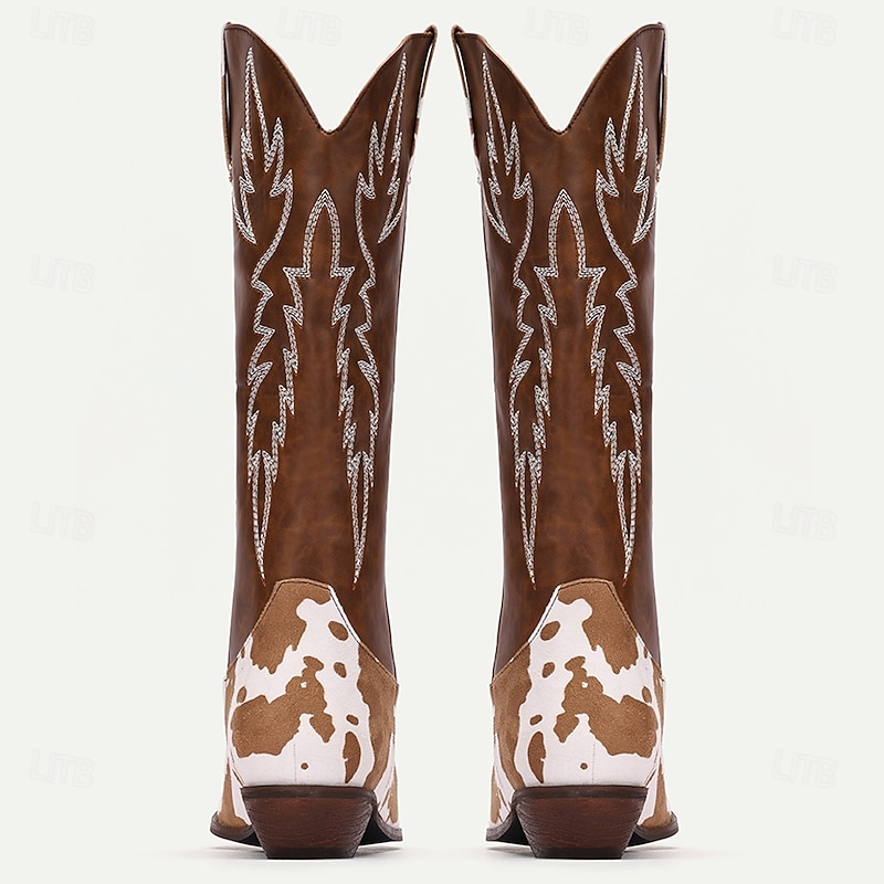 Men's Brown and White Cow Print Western Cowboy Boots – Embroidered Faux Leather Design, Perfect for Rodeos, Casual Wear, and Country Fashion2