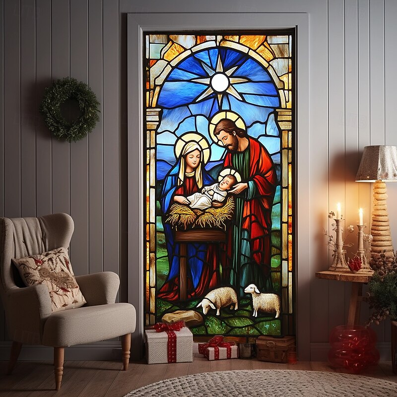 Christmas Door Decorations Door Covers Nativity Scene Door Tapestry Door Curtain Decoration Backdrop Indoor/Outdoor Door Banner for Front Door Farmhouse4
