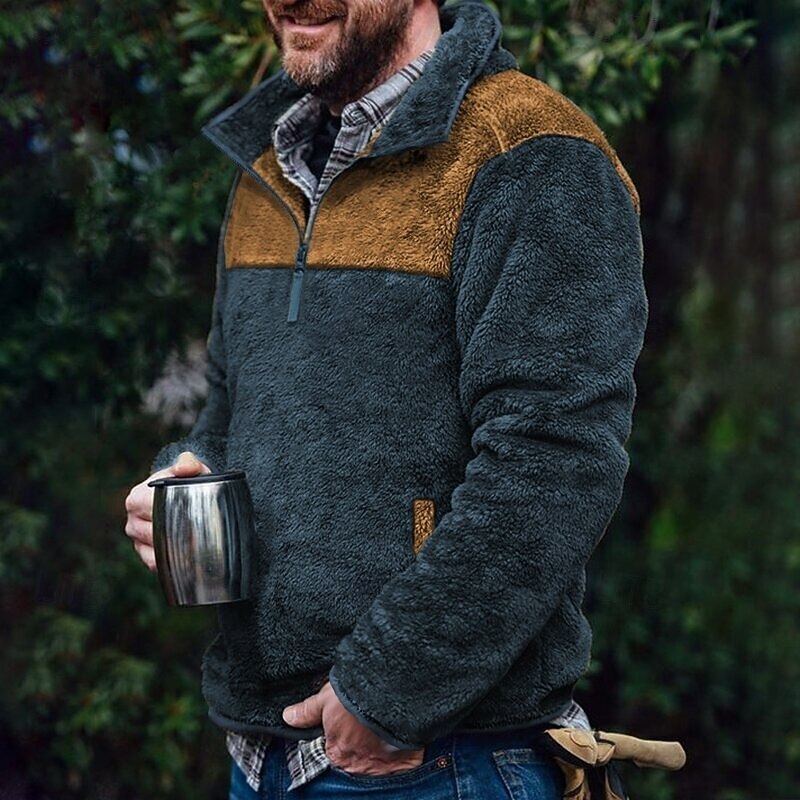 Men's Sweatshirt Polar Fleece Blue Brown Standing Collar Color Block Patchwork Pocket Sports & Outdoor Daily Holiday Polyester Streetwear Basic Casual Fall & Winter Clothing Apparel Hoodies2