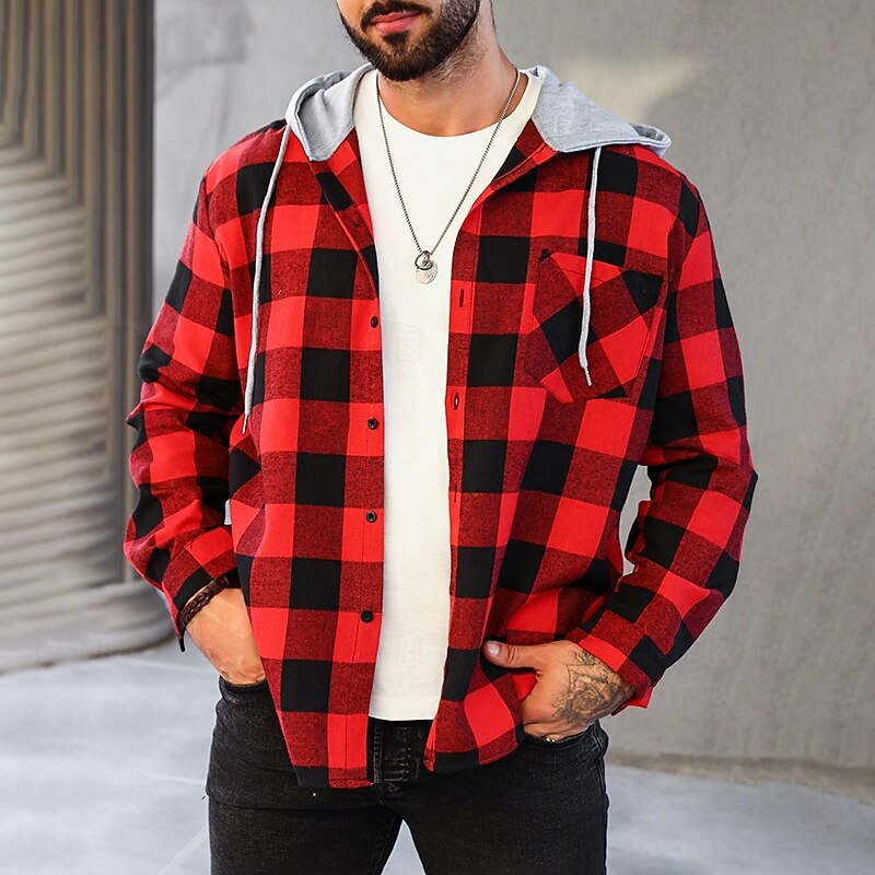 Men's Shirt Flannel Shirt Overshirt Lattice Outdoor Street White Red Green Long Sleeve Hoodie Spring &  Fall Clothing Apparel2