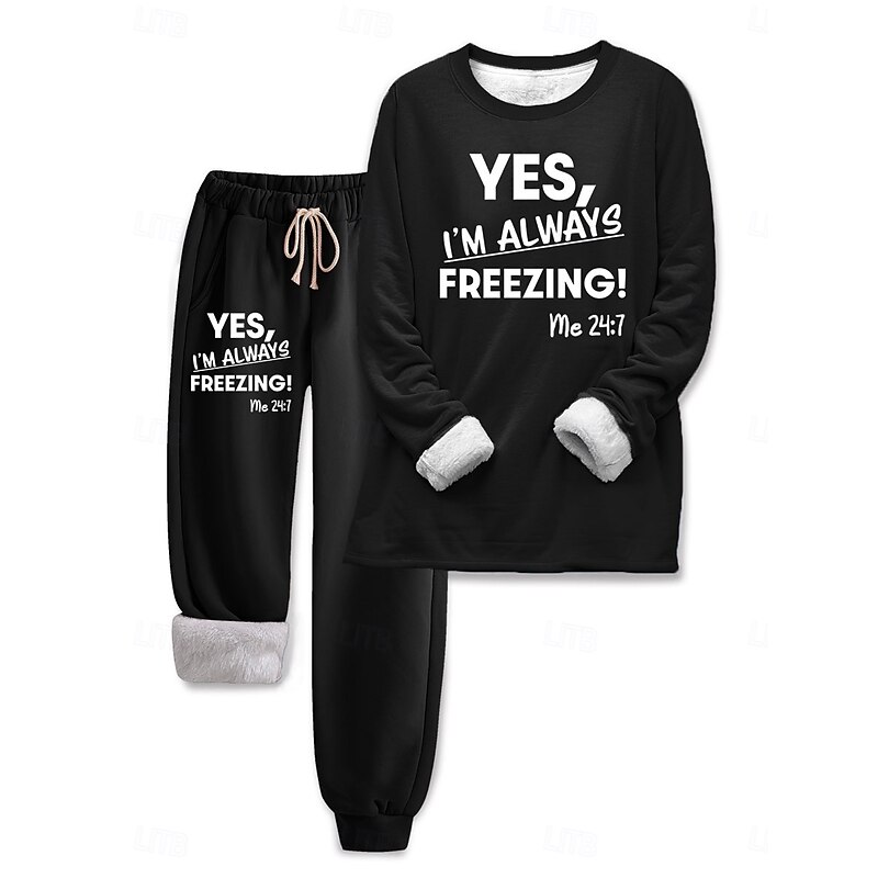 Women's 2 Pieces Sweatshirt Tracksuits Loungewear Set Pyjamas Fleece Fluffy Long Sleeve Top and Pant Text Print Comfort Casual Home Wear Drawstring Solid Cozy Winter3