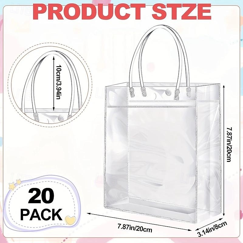 20pcs Reusable Clear Plastic Gift Tote Bags - Premium PVC Gift Wrap Bags for Parties and Events - Durable, Water-Resistant, and Reusable (7.87" X 7.87" X 3.15") for Halloween, Christmas, Wedding, Birt3