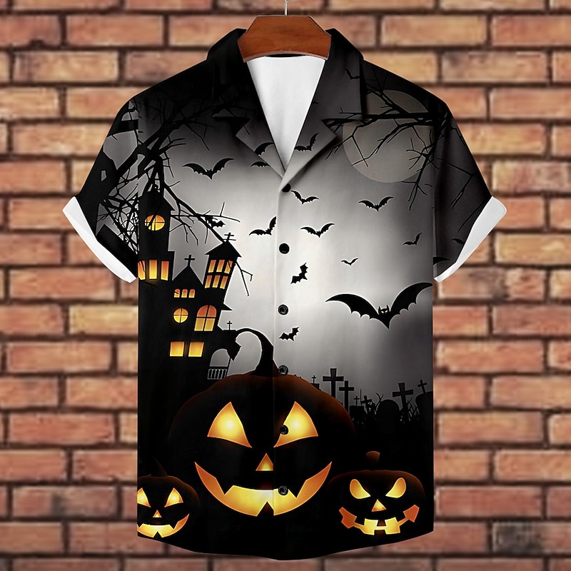 Halloween Men's Pumpkin Halloween Costumes Button Up Shirt Short Sleeve Horror Party Evening Wear Summer Camp Collar Cuban Collar Pocket 3D Print Black Blue Orange