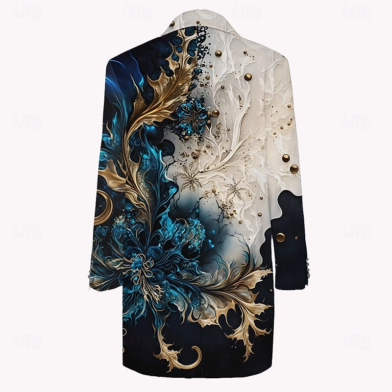 Men's Graphic Winter Coat Fleece Jacket Overcoat Thermal Comfortable Artistic Party Evening Wear Daily Wear 3D Print Buttons Front Pocket Winter Turndown Long Sleeve Blue2