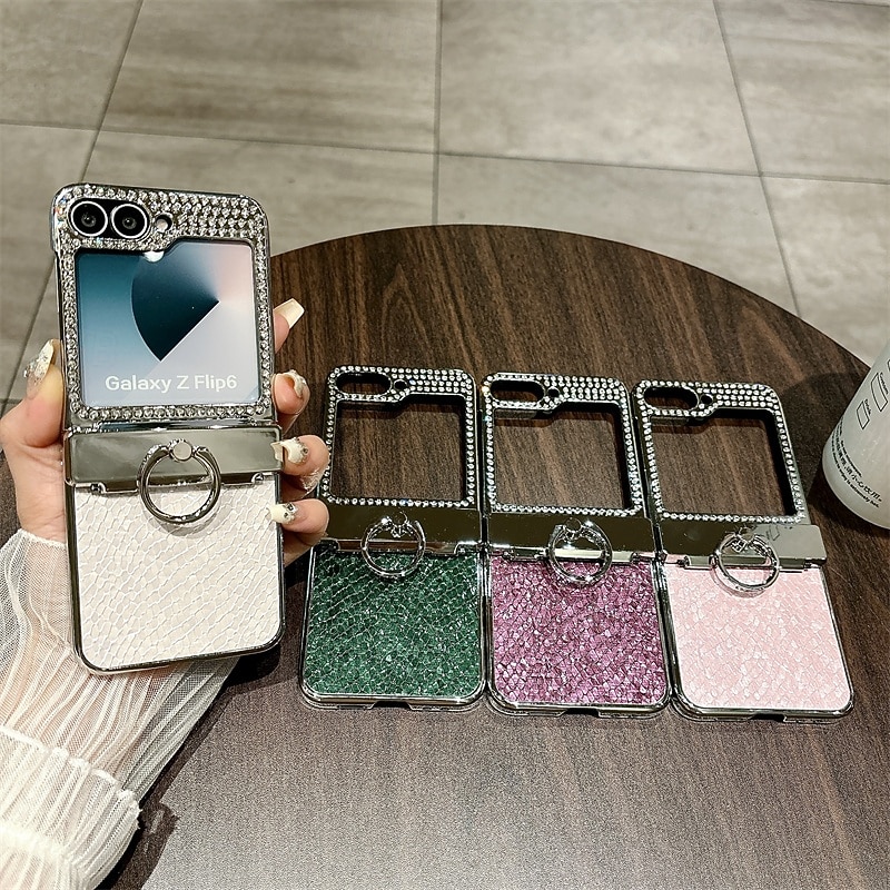 Phone Case For Samsung Galaxy Z Flip 6 Z Flip 5 Back Cover Ring Holder Bling Glitter Shiny Shockproof Retro PC Metal PU Leather