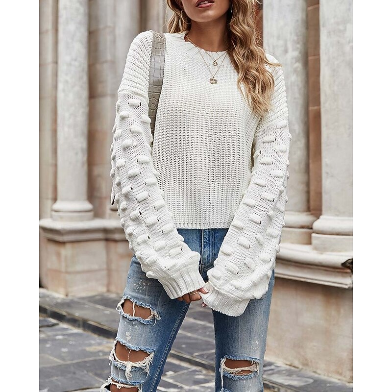 Women's Sweater Elegant Fashion Daily Solid Color Crew Neck Knitted Textured Long Sleeve Regular Tops Knit Work Black White Fall Winter2