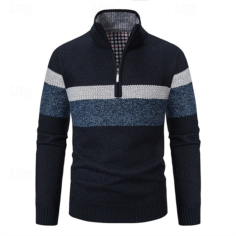Men's Pullover Sweater Jumper Quarter Zip Sweaters Knit Sweater Ribbed Knit Regular Knitted Fleece Color Block Quarter Zip Fashion Basic Daily Wear Date Clothing Apparel Fall & Winter Navy Blue S M L2