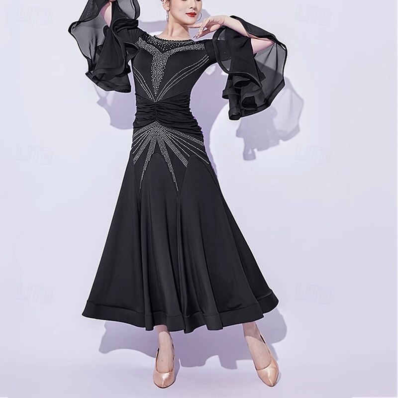 Ballroom Dance Dress Rhinestone Splicing Women's Performance Party Long Sleeve Mesh Milk Fiber3