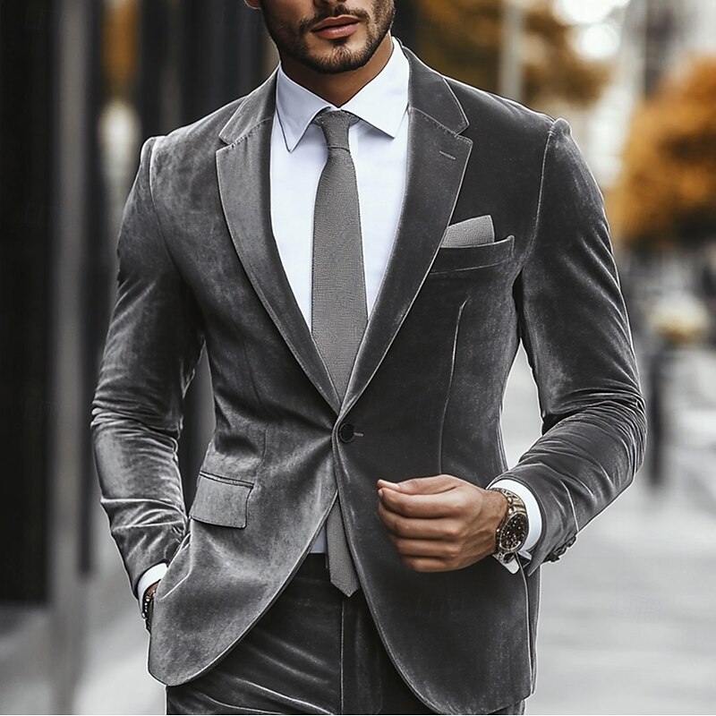 Men's Wedding Party Evening Wear Suits Notch Lapel Grey Fashion Daily Solid Colored Standard Fit 2 Piece Single Breasted One-button2