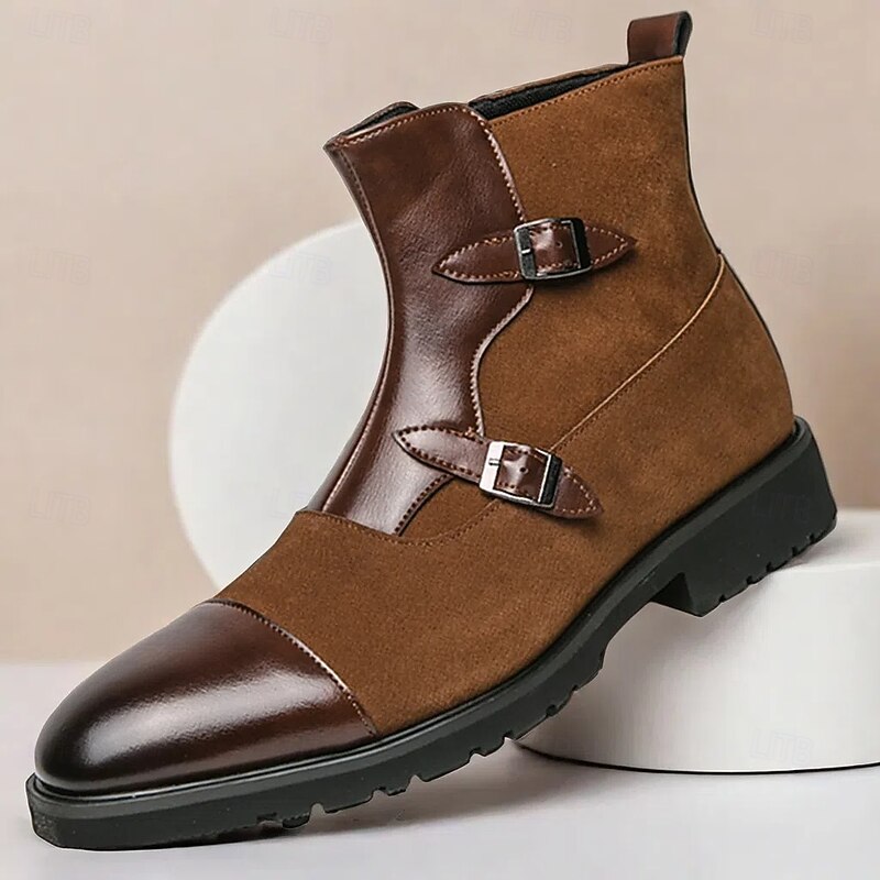 Men's Brown Faux Suede and Leather Ankle Boots with Double Buckle Straps - Stylish Formal Boots for Parties and Events