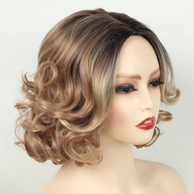 Medium Length Brown Curly Wigs for White Women Short Brown Wigs with Highlight Synthetic Hair Wavy Bob Wigs4