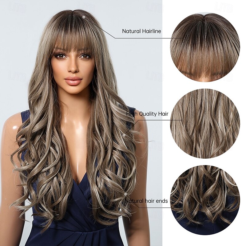 Synthetic Wig Uniforms Career Costumes Princess Curly Wavy Middle Part Layered Haircut With Bangs Machine Made Wig 26 inch sepia Synthetic Hair Women's Cosplay Party Fashion Brown3