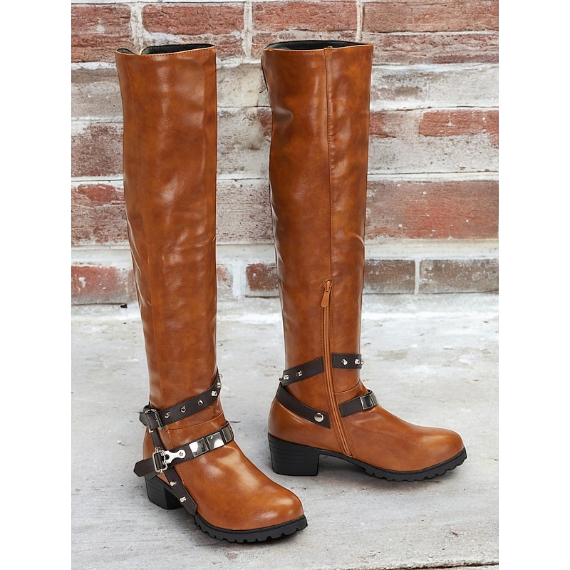 Women's Knee-High Western Riding Boots with Buckle Straps - Vintage Style Faux Leather Thigh-High Boots for Casual and Outdoor Wear2