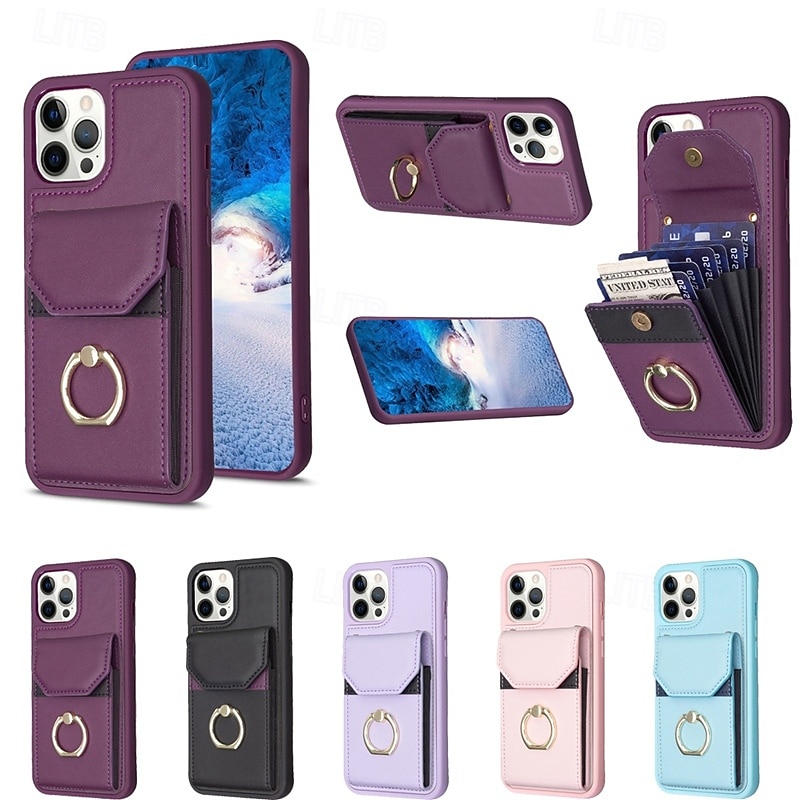 Phone Case For iPhone 16 15 14 Pro Max Plus 13 12 11 Pro Max Wallet Case Ring Holder Card Slot Shockproof Retro TPU PU Leather