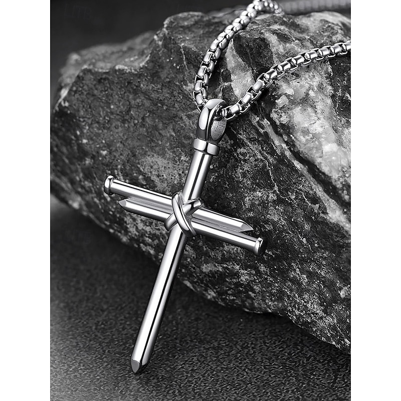 Stainless Steel Cross Necklace for Men – Nail Design Religious Pendant with Chain