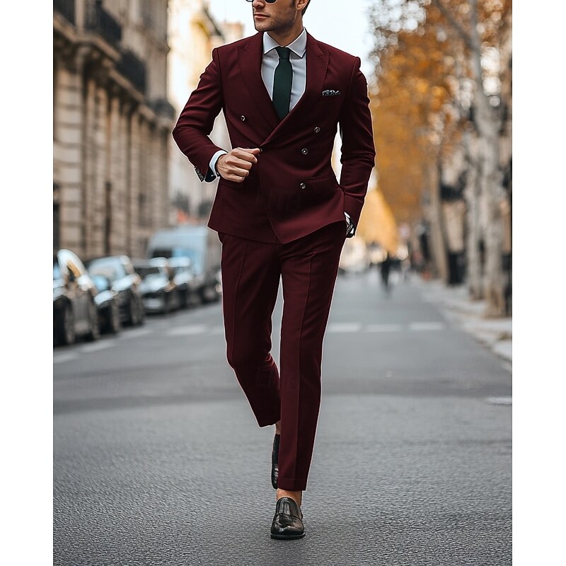 Men's Wedding Party Evening Wear Suits Peaked Lapel Black Burgundy Business Formal Solid Colored Standard Fit 2 Piece Double Breasted Six-buttons