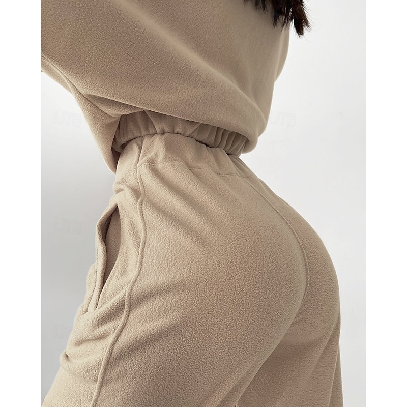 Comfry Fleece Women's Sweatshirt Pants Sets Outdoor Warm Long Sleeve Khaki Spring Fall4