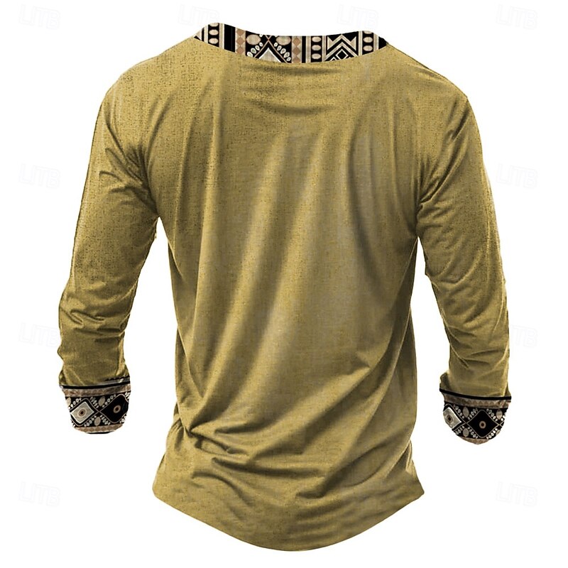Men's Indian Henley Shirt Long Sleeve 3D Printing Retro Vintage Ethnic Street Casual Holiday Winter Spring &  Fall Yellow Gray Henley Henley T-Shirt2