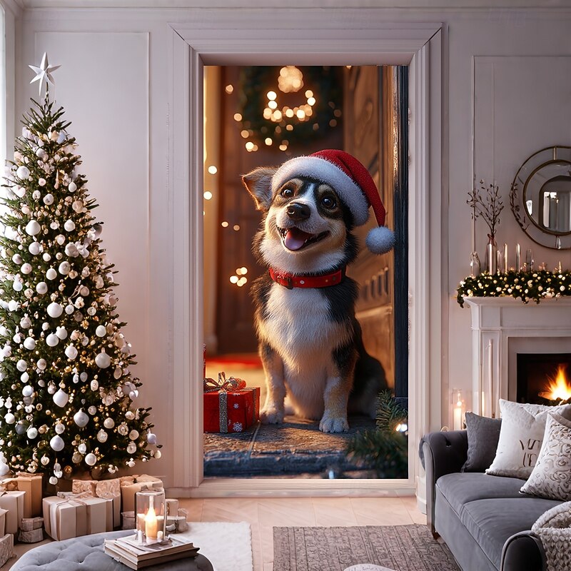 Christmas Door Decorations Door Covers Cute Dog Door Tapestry Door Curtain Decoration Backdrop Door Banner for Front Door Farmhouse Christmas Holiday Party Decor Supplies Gift Indoor/Outdoor4
