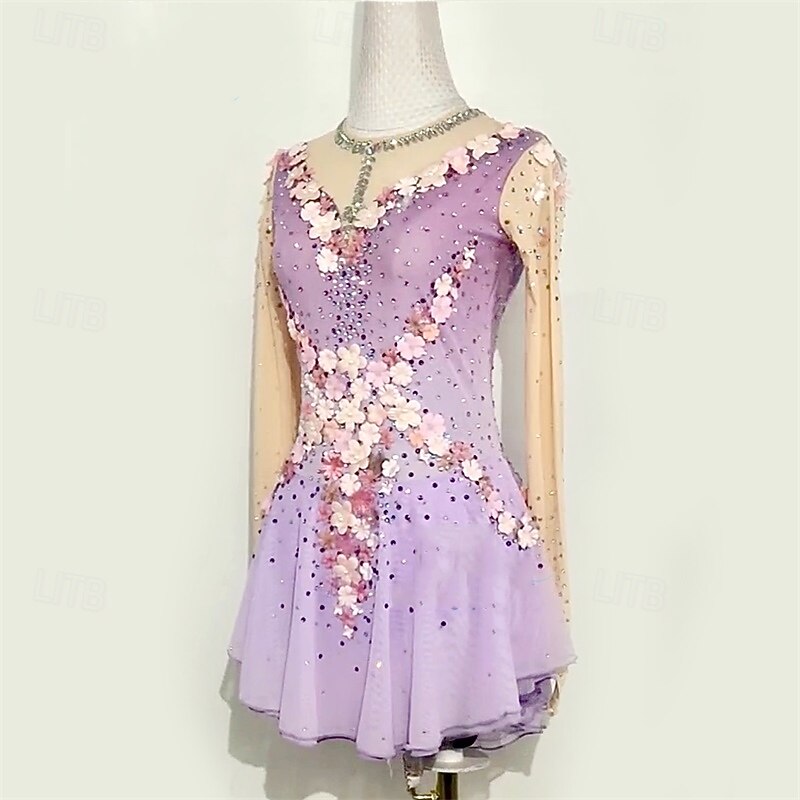Figure Skating Dress Women's Girls' Ice Skating Dress Light Purple Patchwork Mesh High Elasticity Training Competition Skating Wear Classic Crystal / Rhinestone Long Sleeve Ice Skating Figure Skating2