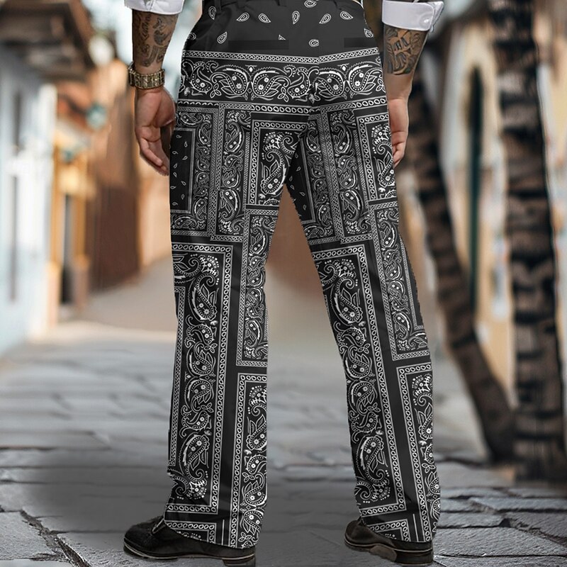 Men's Plaid Dress Pants Mid Waist Casual Tribal Formal Dailywear Zipper Pocket Straight Leg Trousers Summer Spring Fall 3D Print Black White2