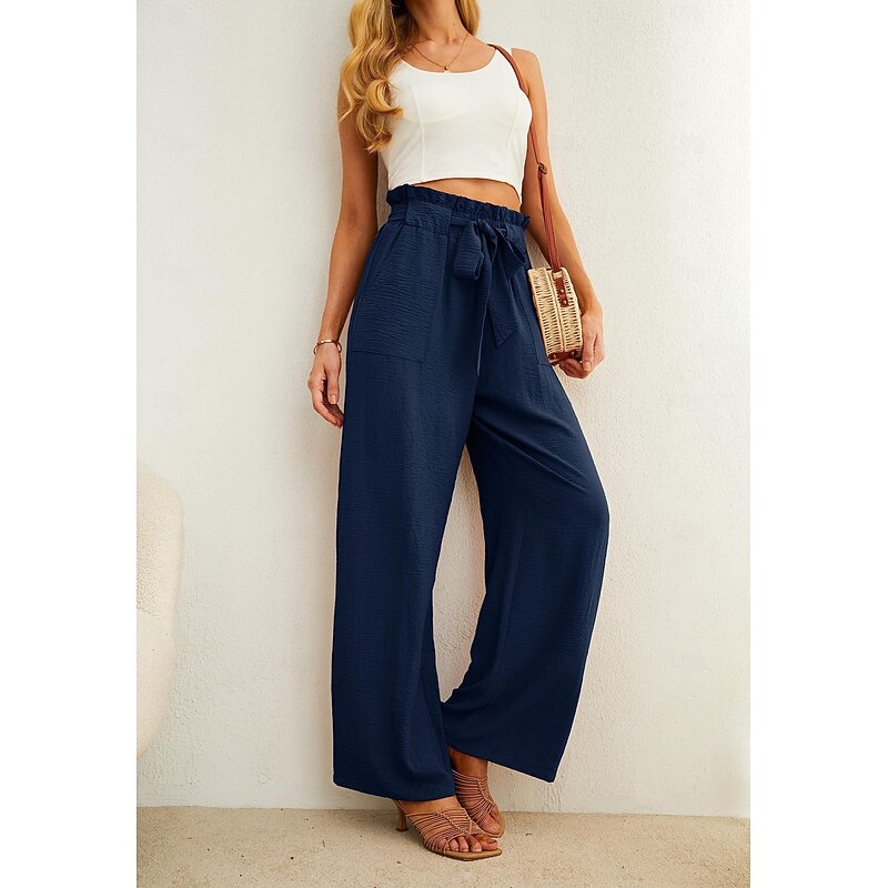 Women's Wide Leg Casual Pants with Pocket, Lightweight high Waist, Adjustable lace up Knot