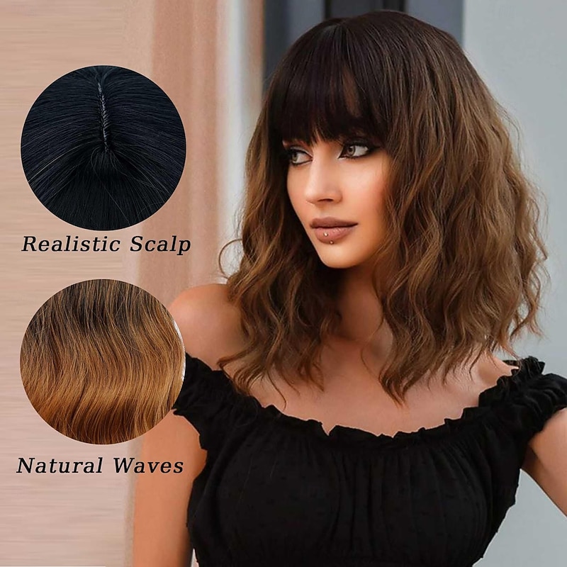 Wig with Bangs Soft Short Bob Wigs for Women Synthetic Shoulder Length Women's Wavy Wigs for Halloween Costumes Cosplay Daily2