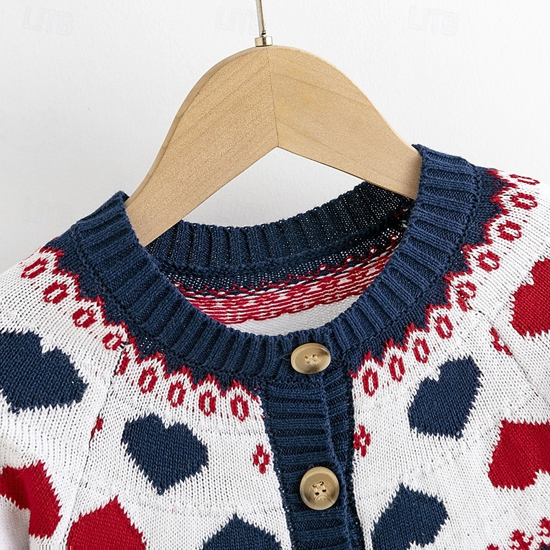 Kids Girls' Back to School Christmas Sweater Heart School Long Sleeve Buttons Daily 4 years+ Fall Navy Blue3