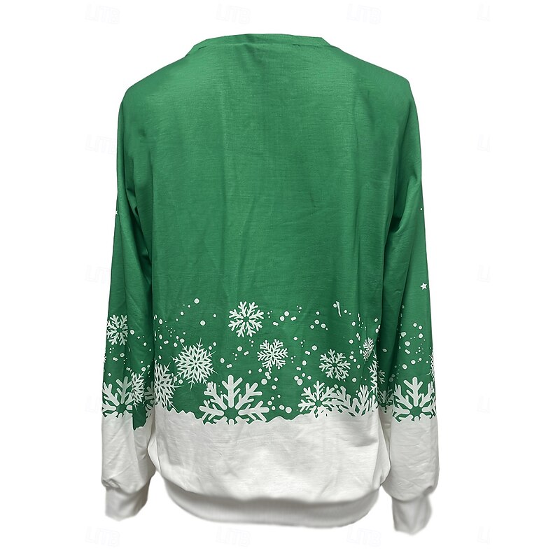 Women's Sweatshirt Gnome Print Snowflake Crew Neck Long Sleeve Casual Holiday Top Green White Winter Apparel2