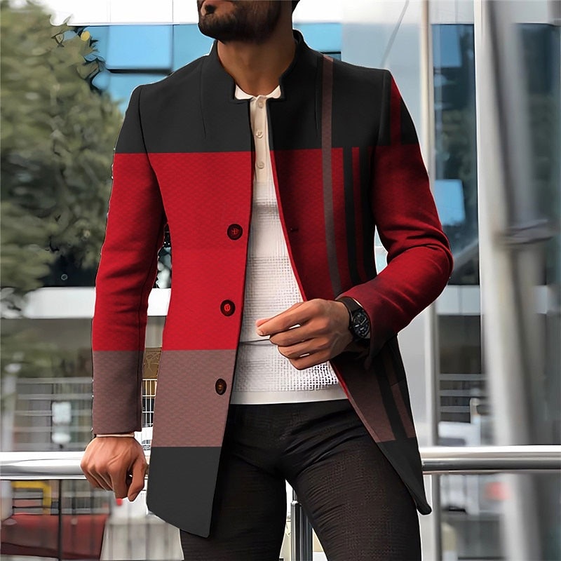 Men's Stripe Geometry Winter Coat Overcoat Coat Warm Comfortable Breathable Fashion Streetwear Business Work Wear to work Going out Pocket Print Fall & Winter Turndown Long Sleeve Red Blue Orange