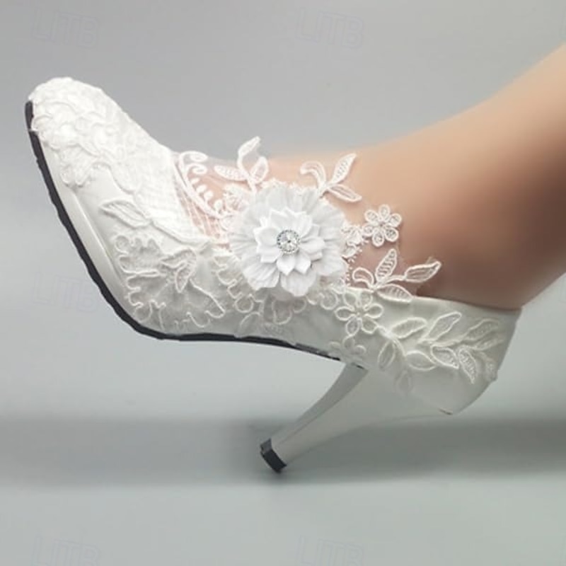 Women's White Lace Wedding Heels – Elegant Floral Bridal Shoes with High Heel & Embellished Flower for Brides & Formal Events2
