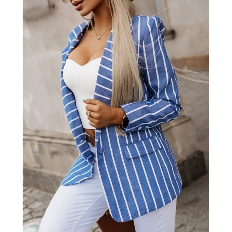 Women's Blazer Stripe Work Pocket Lines / Waves Stylish Regular Fit Outerwear Long Sleeve Spring Blue S3