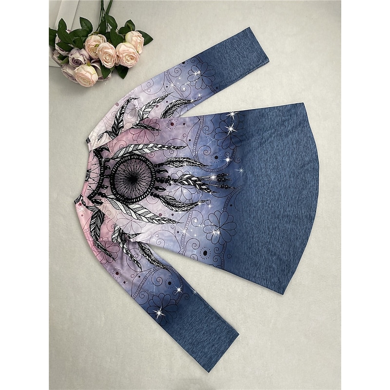 Women's T Shirt Casual Print Long Sleeve Long Tops Crew Neck Daily Purple Fall Winter3