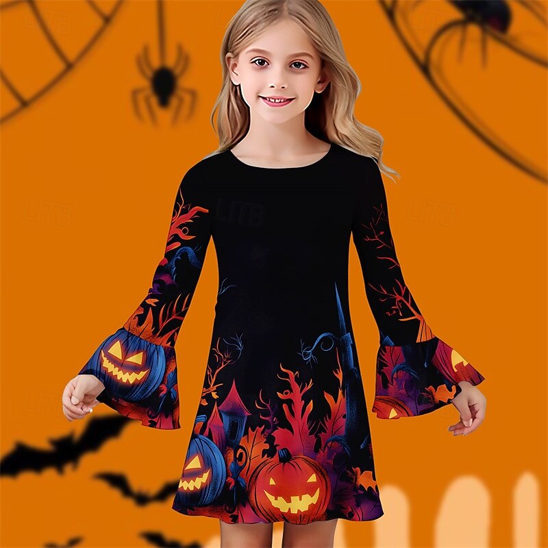 Halloween Girls' 3D Graphic Pumpkin Dress Ruffle Dress Long Sleeve Summer Spring Daily Holiday Vacation Beautiful Halloween Custome Kids 4-12 Years Casual Dress Knee-length Polyester Regular Fit