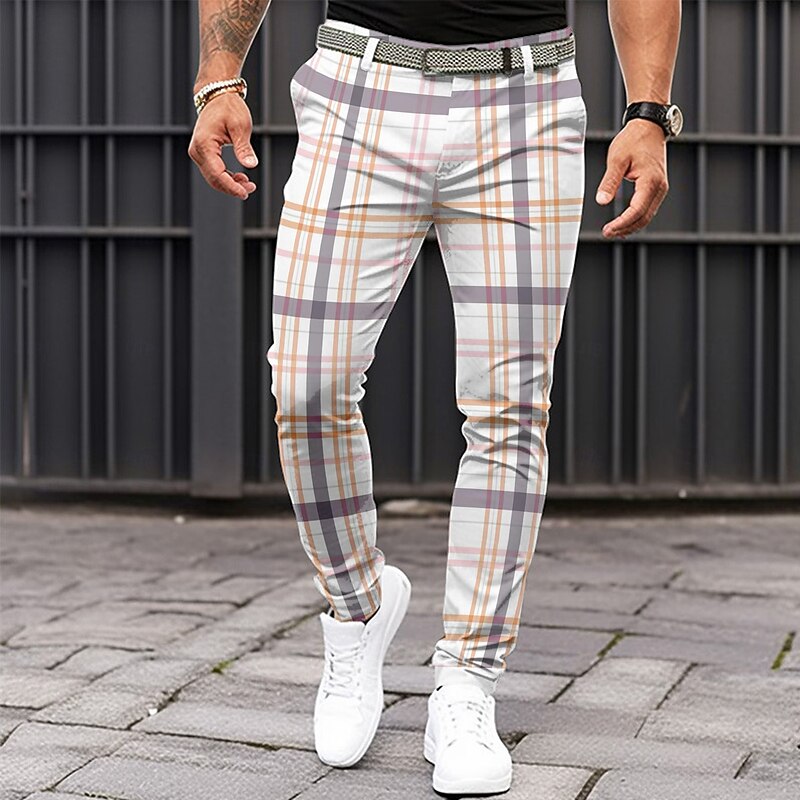 Men's Geometric Dress Pants Mid Waist Business Casual Formal Dailywear Zipper Pocket Summer Spring Fall 3D Print White