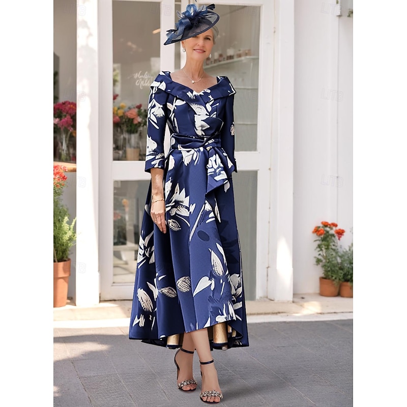 A-Line Mother of the Bride Dress Elegant V Neck Tea Length Satin 3/4 Length Sleeve with Sash / Ribbon Wedding Guest Dress2