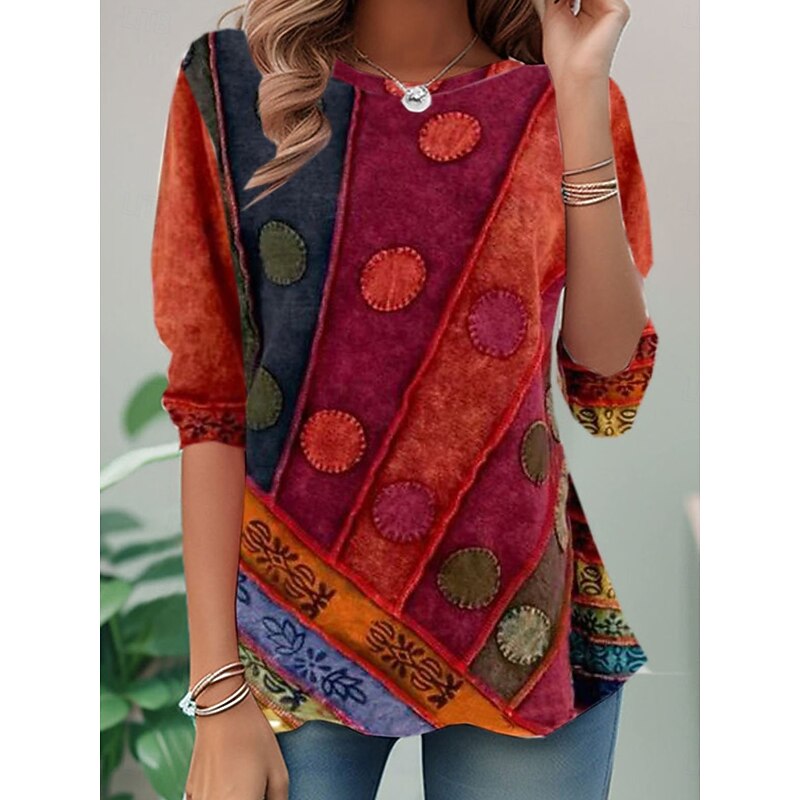 Women's T shirt Long Sleeve Casual Print Regular Tops Daily Red Spring Fall Prefall