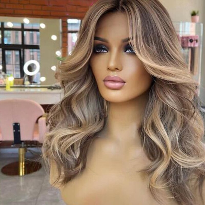 Remy Human Hair 13x4 Lace Front Wig Middle Part Brazilian Hair Wavy Multi-color Wig 130% 150% Density Color Gradient Ombre Hair Highlighted / Balayage Hair Natural Hairline Glueless For Women Long4