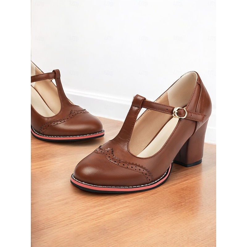 Women's Vintage Brown T-Strap Mary Jane Pumps with Brogue Detailing – Chunky Heels for Office, Retro Fashion, and Casual Events