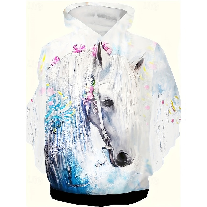 Girls' 3D Graphic Horse Hoodie Long Sleeve Fall Winter Fashion Adorable Basic Kids 4-12 Years Hooded Outdoor Casual Daily Regular Fit