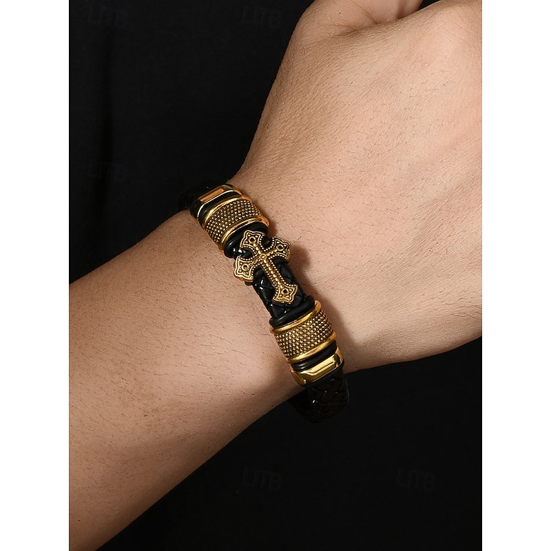 Men's Cross Bracelet with Gold and Silver Accents and Magnetic Clasp – Stylish Braided Wristband for Casual and Religious Wear3