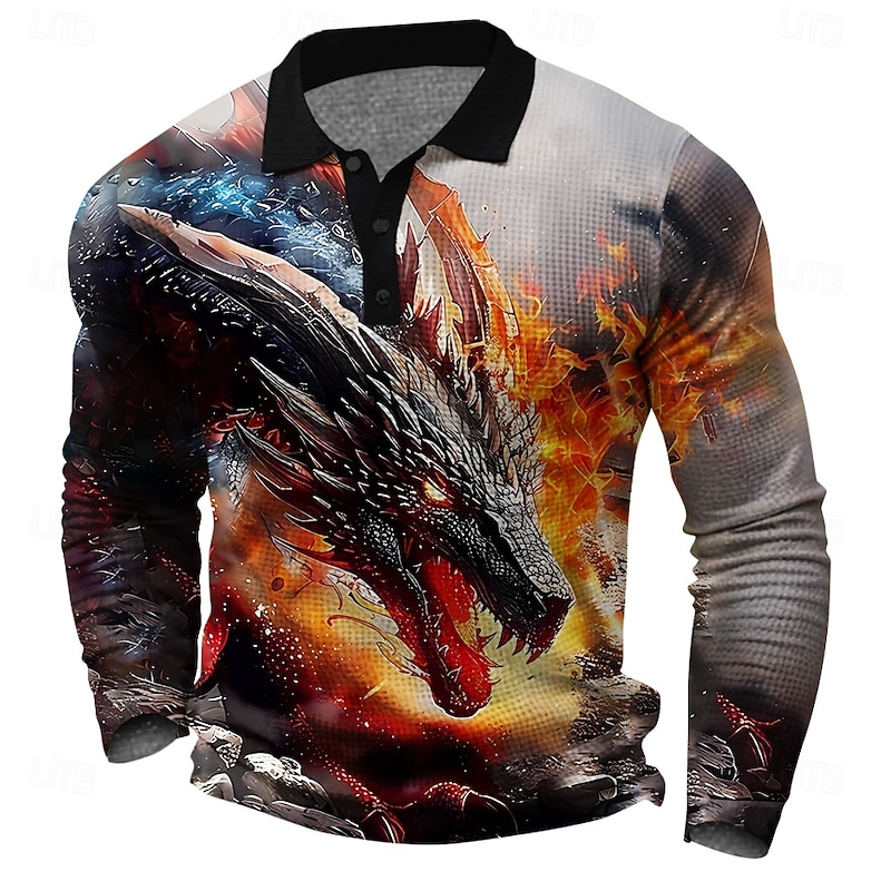 Men's Dragon Waffle Polo Shirts Golf Shirt Long Sleeve Polo Shirts Collared Shirts Casual Funny Streetwear Vacation Wear Party Outfits Buttons 3D Print Spring Fall Winter Golden yellow Red Blue