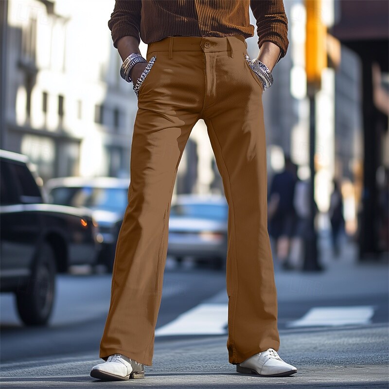 Men's Dress Pants Corduroy Pants Flared Pants Bell Bottom Trousers Pocket Plain Comfort Soft Full Length Business Daily Holiday Elegant Fashion White Brown4
