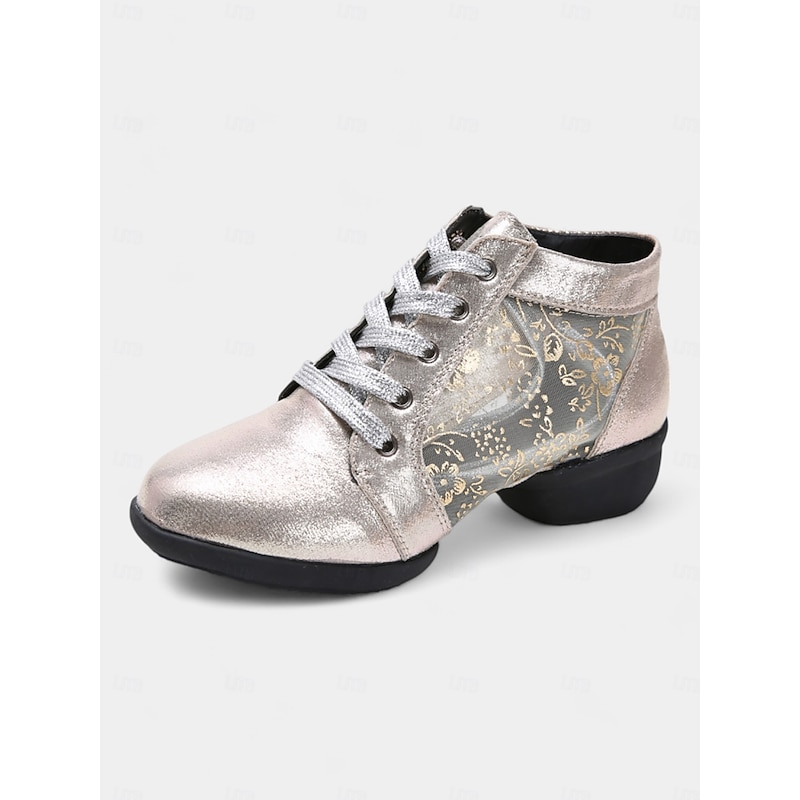 Women's Silver Lace-Up Dance Shoes with Mesh Floral Panels and Soft Sole, Ideal for Ballroom, Latin, and Jazz Dancing2