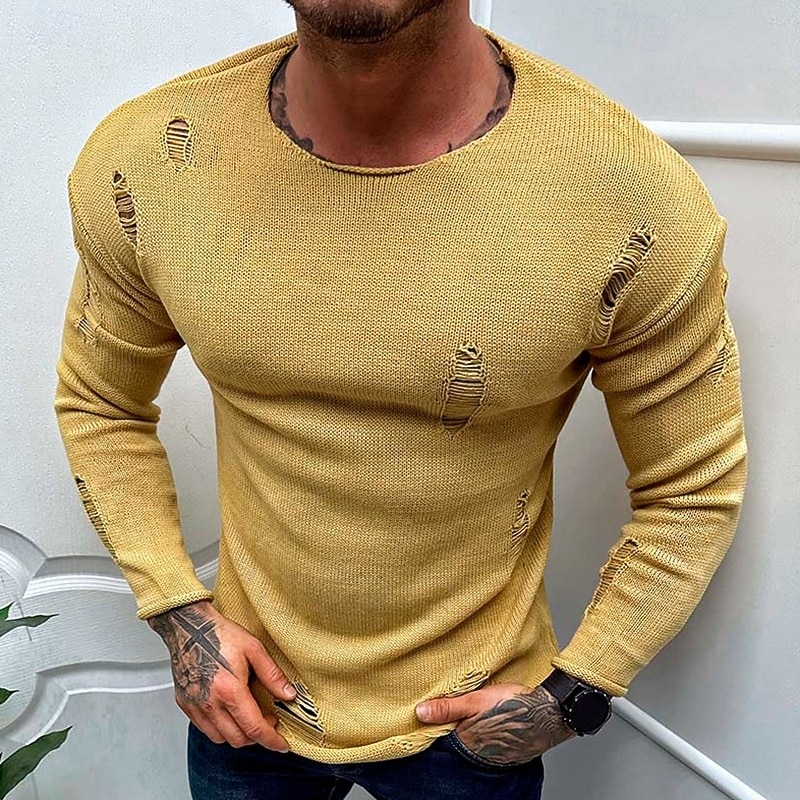 Men's T Shirt Knit Tee Long Sleeve Crewneck Spring &  Fall Solid Color Traditional / Vintage Ripped Outdoor Home Sports & Outdoor Yellow Top Tee for Men2