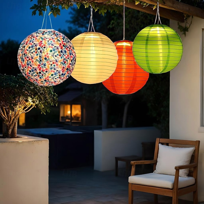 12 Inch (30cm) Solar Globe Lantern Chinese Style Outdoor IP65 Waterproof Nylon Hanging LED Light, Warm White for Garden, Party, Yard Decoration