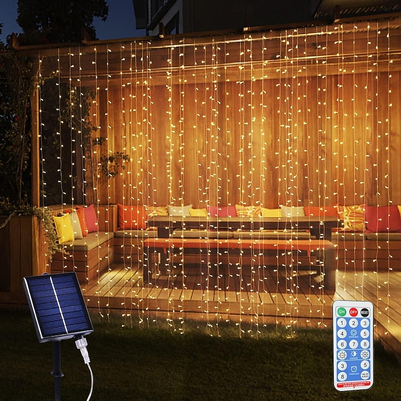 Solar Curtain Lights Outdoor Remote Control 8 Modes Lighting Fairy Light 3x3m 300LEDs IP65 Waterproof String Lights Xmas Party Wedding Home Garden Wall Living Room Bedroom Decoration - Main Image