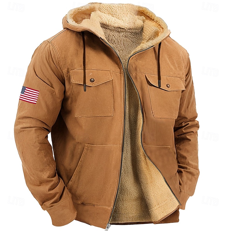 Men's American US Flag Fleece Hoodie Hoodies Fashion Cool Long Sleeve Hooded Holiday Streetwear Blue Brown Zipper Pocket Fall Winter Designer - Main Image