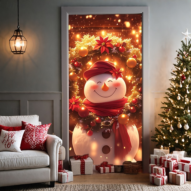 Christmas Door Decorations Door Covers Xmas Warm Snowman Door Tapestry Door Curtain Decoration Backdrop Door Banner for Front Door Farmhouse Holiday Party Decor Supplies Indoor/Outdoor