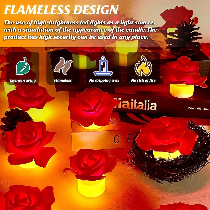 12pcs LED Tea Lights Candles Artificial Rose Petals Electric Candle Light Romantic Flameless Candle Battery Powered Christmas Valentine Wedding Birthday Party Scene Decoration4